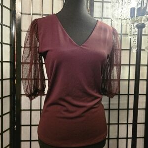 RW&CO. Burgundy V-Neck Blouse with Sheer Sleeves